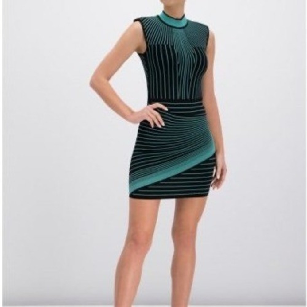 Marciano Elylia Bandage Mini Dress Black Teal Striped Optical Illusion Bodycon S